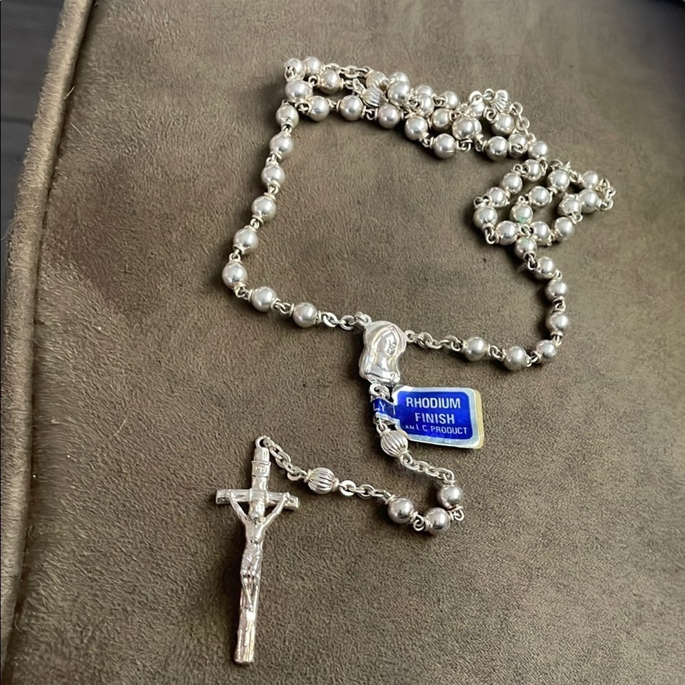 Rhodium Finish Silver Rosary Necklace